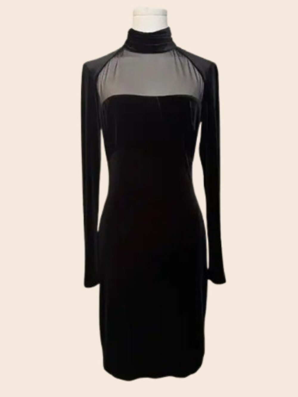 Vera Wang vintage Black Velvet Illusion Long Sleeve Bodycon Cocktail Dress Sz 4